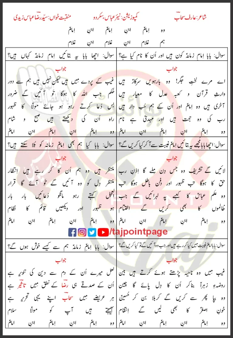 Wo Imam Ibne Imam Hum Ghulam Ibne Ghulam Syed Raza Abbas Zaidi Lyrics Urdu 2026