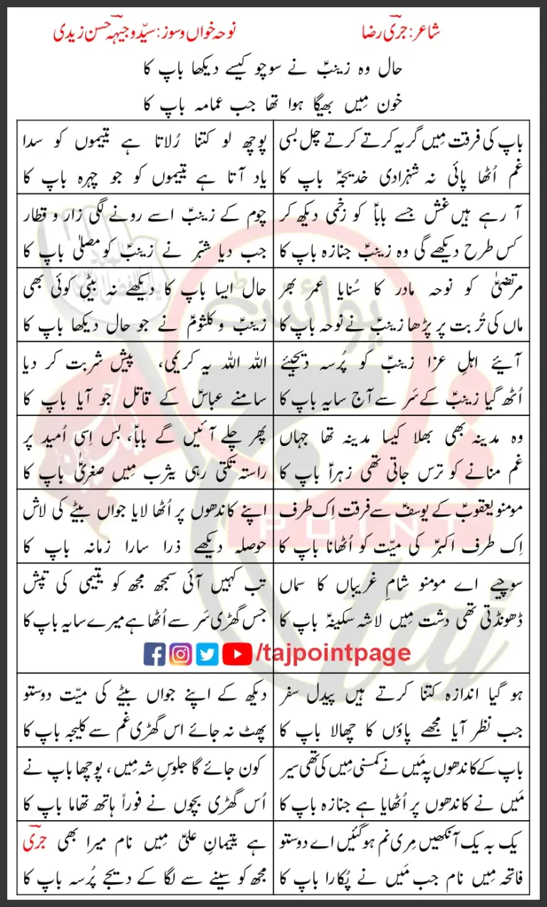 Haal Wo Zainab Ne Socho Kasy Dekha Baap Ka Wajhi Hasan Zaidi Lyrics Urdu 2026