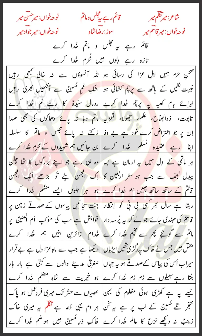 Qaim Rahey Ye Majlis O Matam Mir Hasan Mir Lyrics Urdu 2026