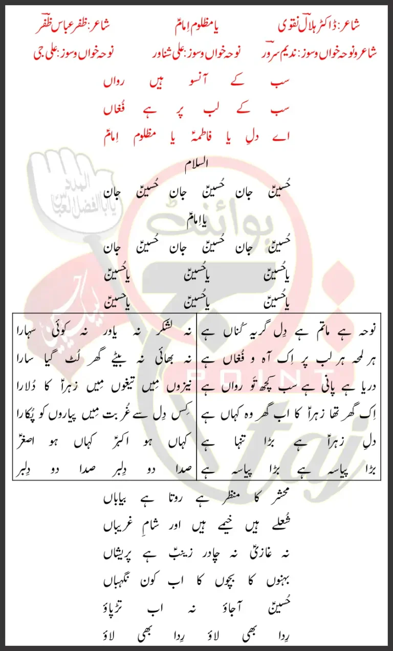 Ya Mazloom Imam Nadeem Sarwar Ali Shanawar Ali Jee Lyrics In Urdu 2026