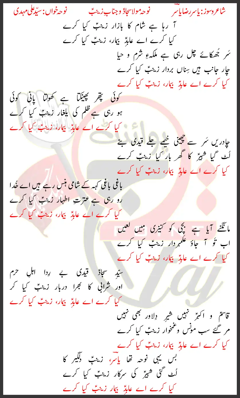Araha Hai Sham Ka Bazar Zainab Syed Ali Mehdi Lyrics In Urdu 2026