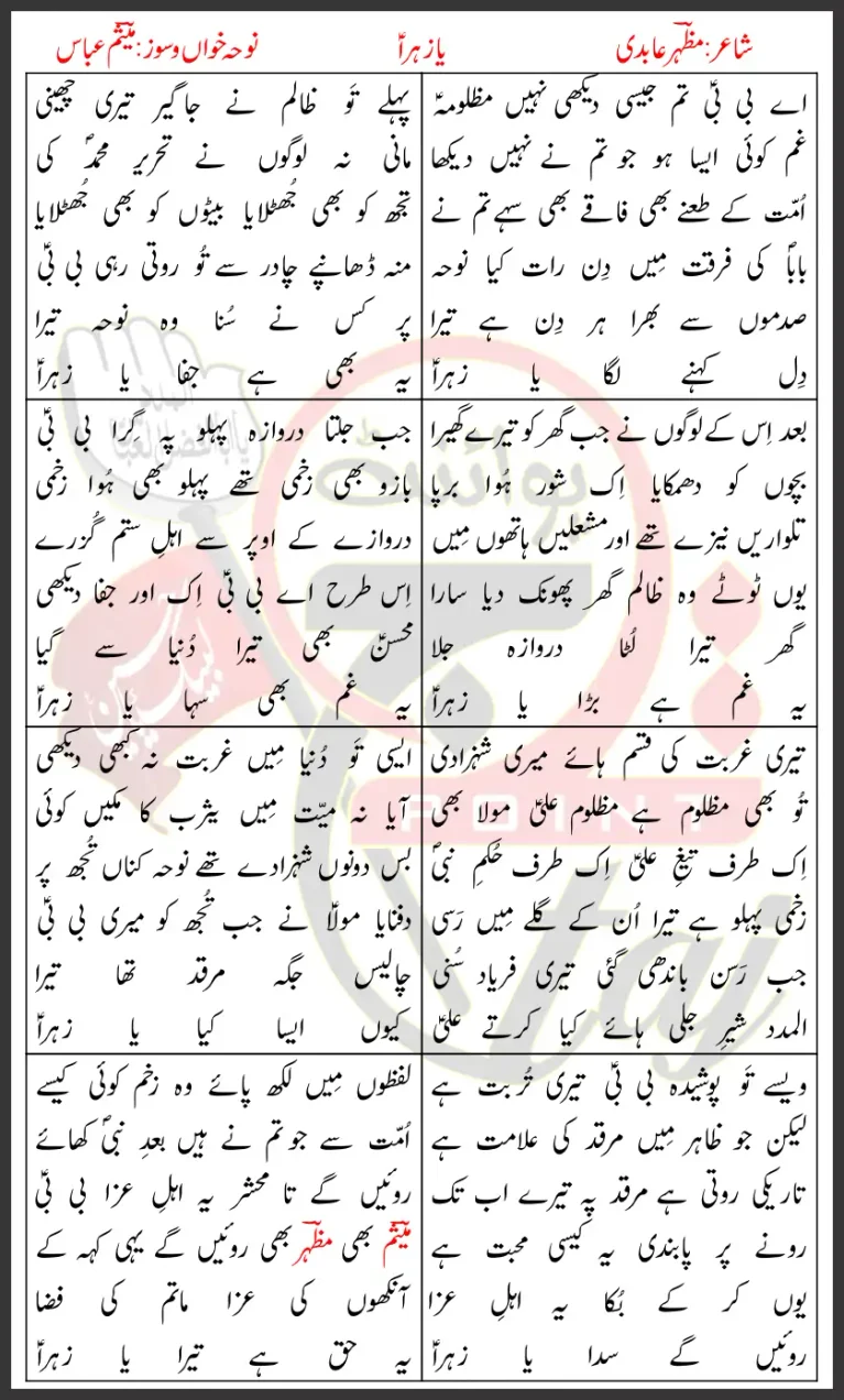 Ya Zahra Mesum Abbas Lyrics In Urdu 2025