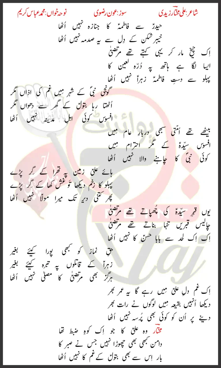 Fatima Ka Janaza Mohammed Abbas Karim Lyrics In Urdu 2026