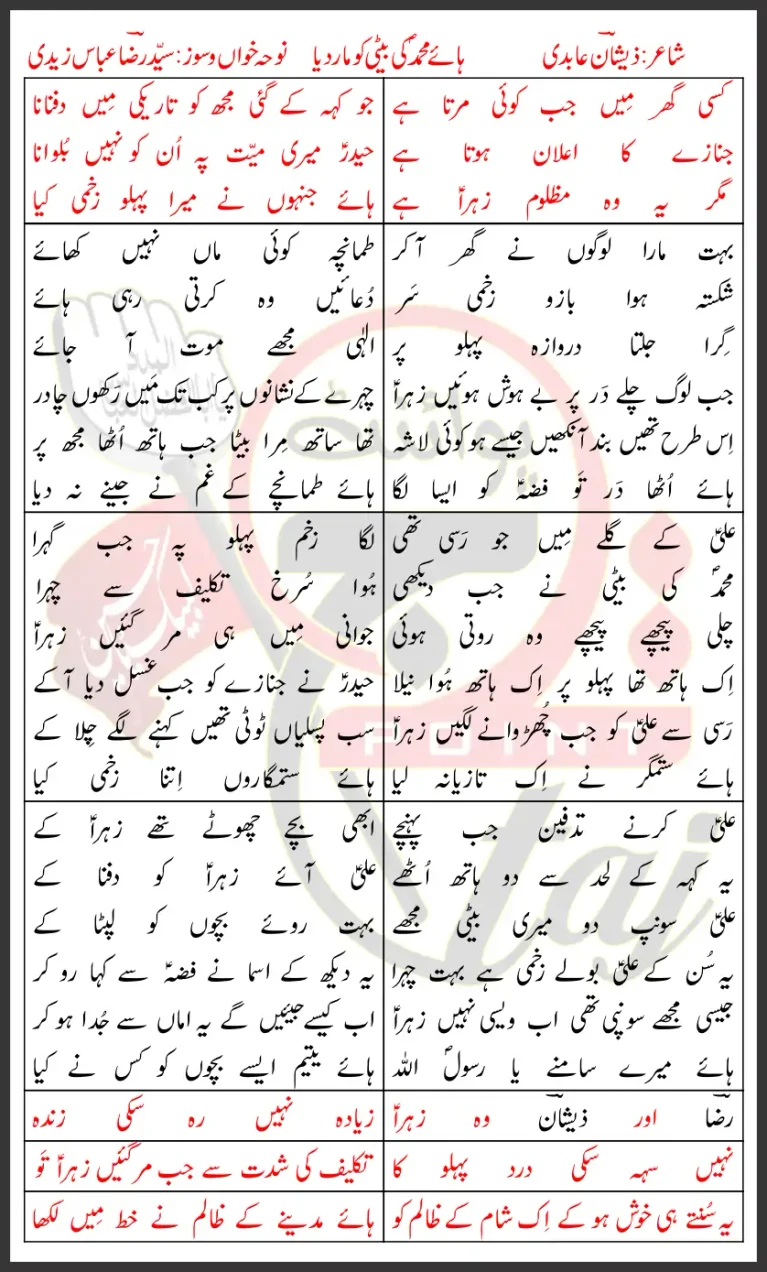 Muhammad Ki Beti Ko Maar Diya Syed Raza Abbas Zaidi Lyrics In Urdu 2026