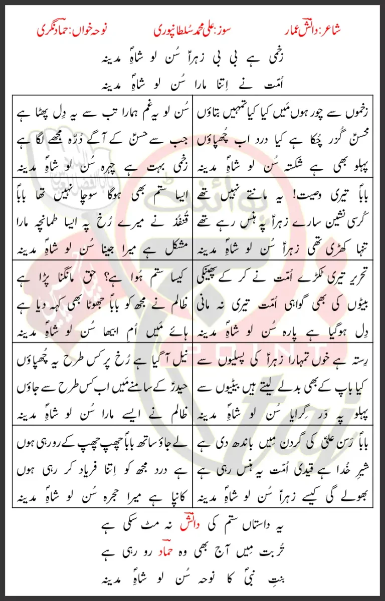 Zakhmi Hai Bibi Zehra Hammad Nagri Lyrics In Urdu 2026